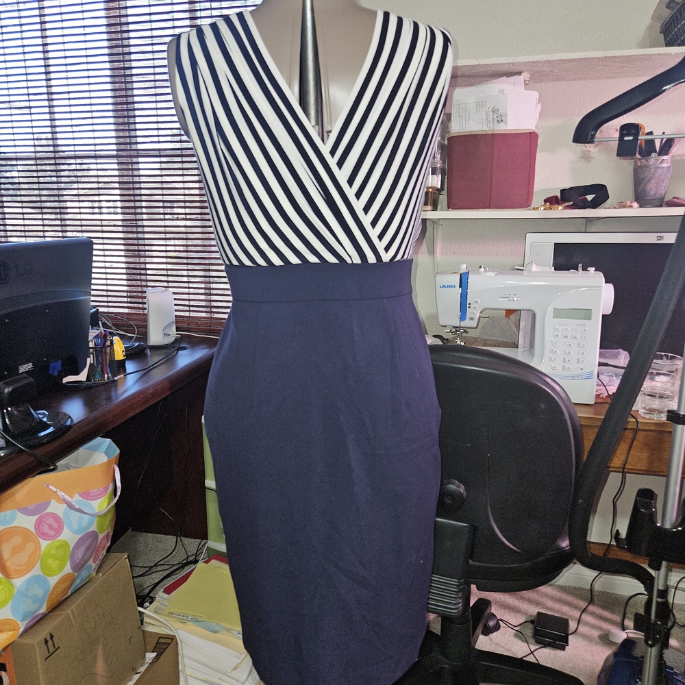 Calvin Klein Black and White Striped Midi Dress